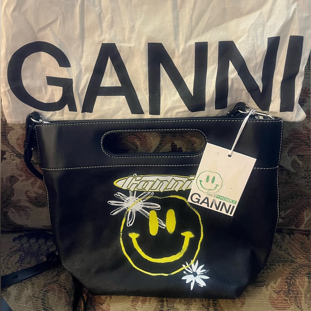GANNI Black Shoulder Bag with Yellow Smiley Design
